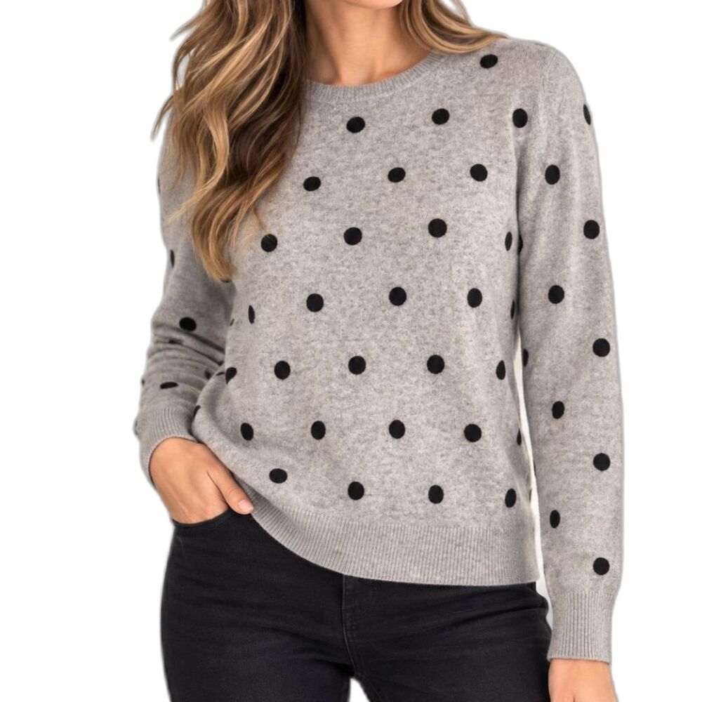 Cynthia Rowley 100% Cashmere Sweater S Gray Black Polka Dot Crewneck Preppy